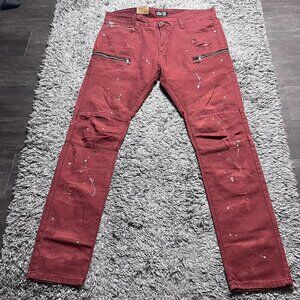 Square Zero Jeans Mens 36x33 Red Denim Distressed Biker Slim Paint Zipper Logo
